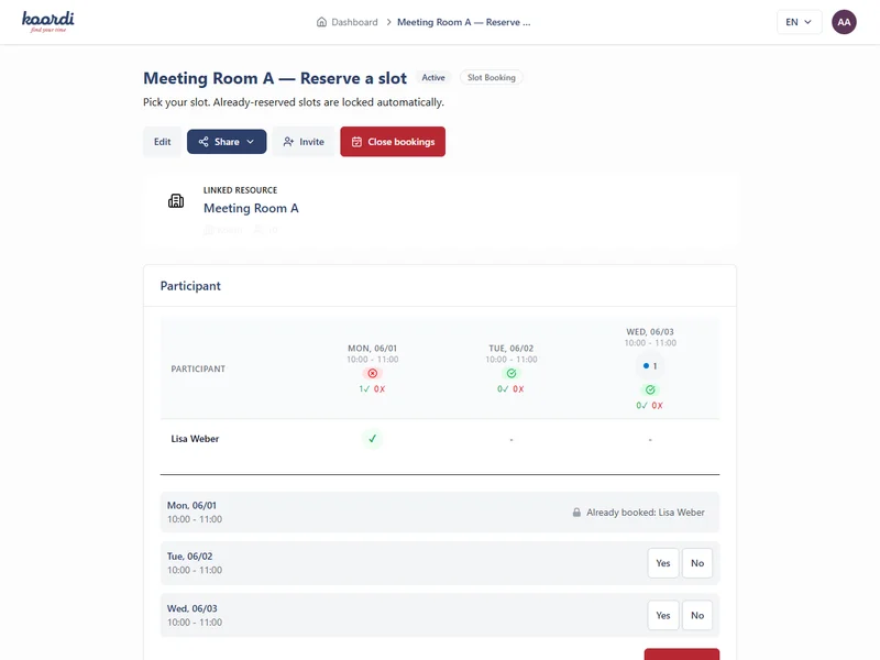Rooms and equipment — no double bookings